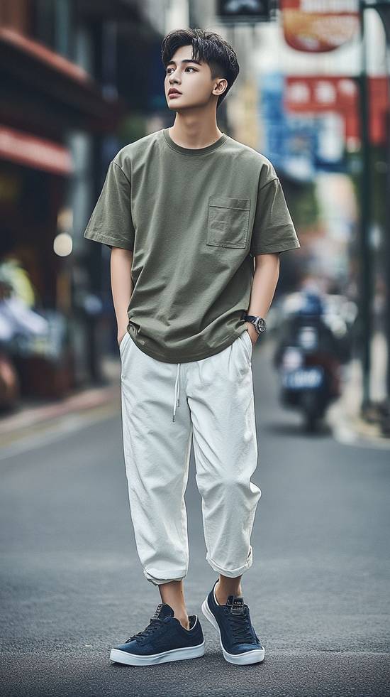 淺綠色短袖配什么顏色褲子，淺綠色短袖搭配白褲卡其褲，清新百搭顯氣質