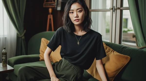 綠色的短袖配什么褲子，清新的綠色短袖百搭穿搭，牛仔黑褲休閑吸睛指南